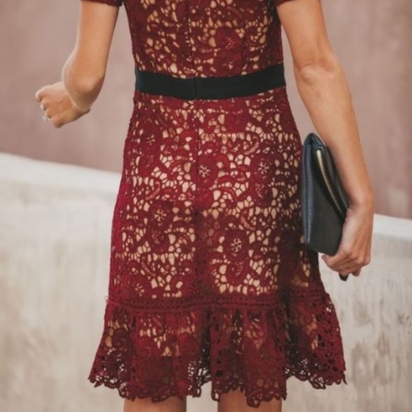 DO + BE Burgundy Wine Embroidered Lace Fit & Flare Knee-Length Cocktail Dress - Picture 7 of 8